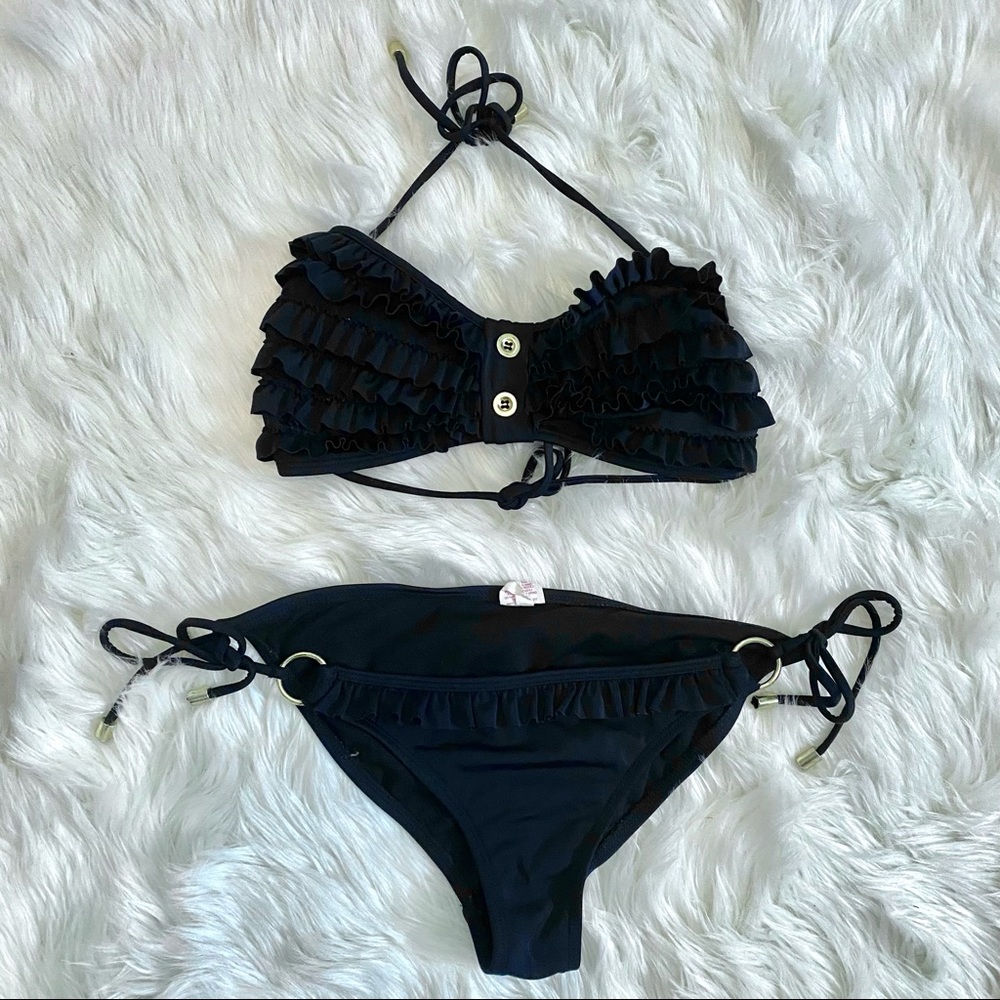 Black Ruffle Adjustable Bikini Swim Bathing Suit Ruffled Halter Swimsuit Small